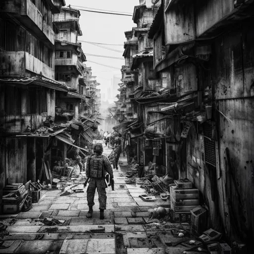 Prompt: monochrome, urban warfare, modern, kowloon walled city, battle, combat, military, soldier, scifi, streets