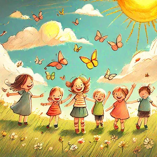 Prompt: A grassland filled with happy children, with butterflies and birds. The sky is filled with clouds and a big sun is shinning, with crayon style