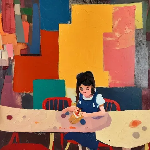 Prompt: A abstract painting of a girl sitting at a table eating pie in a restaurant but abstract and the whole picture abstract with weird paintings on the wall and everything backwards and off abstract and textured 