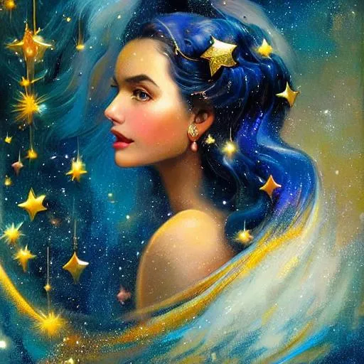 a beautiful girl on a dark blue background with gold... | OpenArt