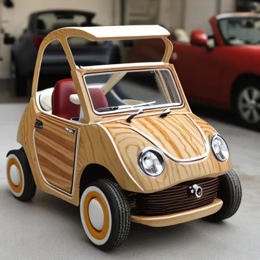 Prompt: convertible Microcar completely made out of wood