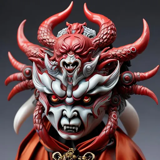 Prompt: cool demon, Japanese yokai, pvc action figure, model with symmetrical face, ceramic material, gloss, metallic color。Art oil painting, 