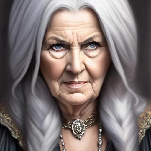 Prompt: portrait of an older husky woman diabolist wearing fine clothing, giant, huge, tall, foreboding, branded by an iron, grimdark, large, old, pale skin, silver hair, skeptical, dry flaking skin, grey eyes, highly detailed, dnd, dark fantasy, portrait, detailed face, sad, trending on artstation, concept art, smooth, sharp focus, illustration, cinematic lighting, art by felix ortiz and carlos diaz