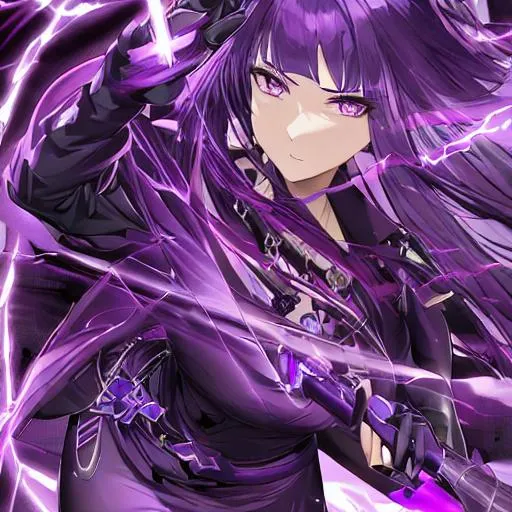 Prompt: Beautiful female, detailed eyes, has a sword emanating lightning, a young anime woman with long purple luxurious hair with a fringe haircut, purple eyes, disoriented due to memory loss, wearing a neon purple t-shirt inside of a black coat with chains, not too revealing, wears black leather gloves, an amethyst hairclip in her hair, fantasy, clear sparkling orange glowing eyes, orange eyes, intricately detailed face, intricate, highly-detailed, ultrarealistic face, large landscape, mechanics, dramatic lighting, gorgeous face, lifelike, stunning, digital painting, large, artstation, illustration, concept art, smooth, sharp focus, highly detailed painting, looking and smiling at viewer, full body, photography, detailed skin, realistic, photo-realistic, 8k, highly detailed, full length frame, High detail