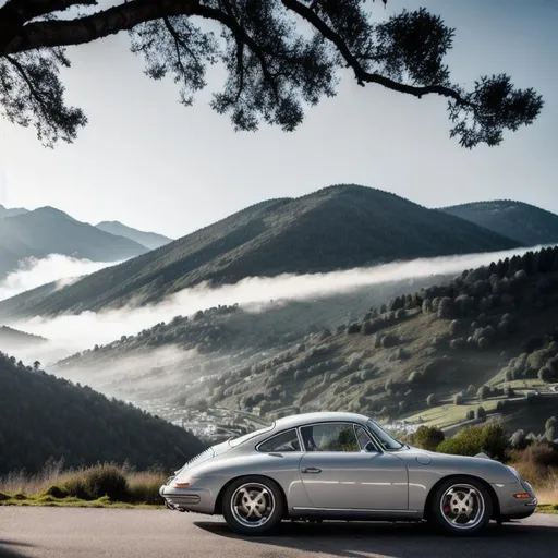 Prompt: image of light grey Porsche 356, soft lighting, mountains in background, mist in front of mountains but behind car