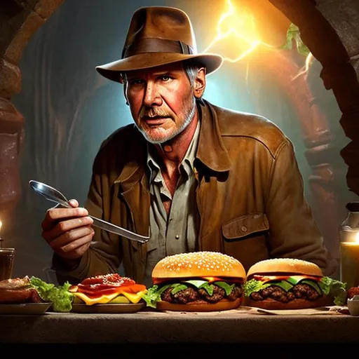 Prompt: Old Harrison Ford Indiana Jones eating a huge sloppy cheeseburger in a darkly lit tomb