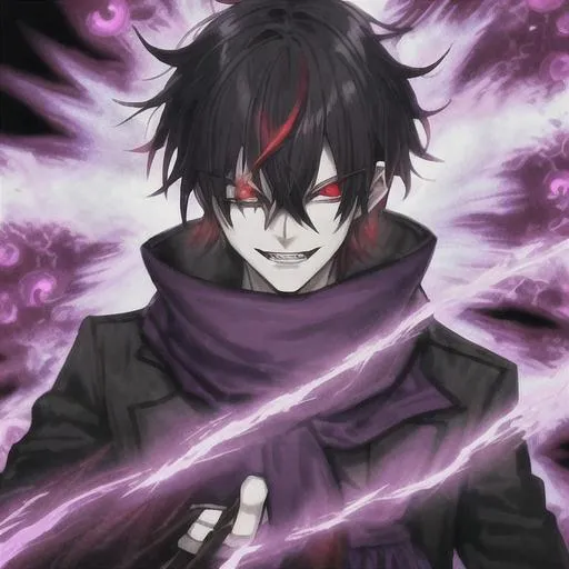 Prompt: insane, mature anime boy, black with white highlights in hair, one red eye, one white eye, purple scarf, evil smile, red and black emo outfit, trippy background, zoomed out purple glowing magic circle