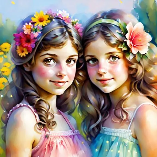 Prompt: two  cute girls, flowers in hair, surrounded by flowers
