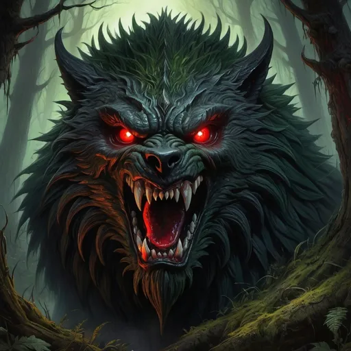 Prompt: Warhammer fantasy RPG style horror evil monster, haunting, unnatural, blood dripping from mouth, bristly black fur, highly detailed illustration, detailed wide open jaws, long spiky teeth, fearful expression, oil painting, dark and ominous atmosphere, intricate bark textures, haunting black and green hues, mystical forest setting, piercing red glowing eyes, ancient and weathered appearance, best quality, highly detailed, oil painting, fantasy, dark atmosphere, intricate textures, mystical forest, glowing eyes, ancient appearance, haunting colors, professional, dramatic lighting