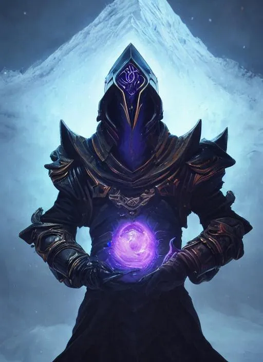 Prompt: Portrait of warlock guardian void with combat sorcerer armor, detailed helmet, a Vortex Grenade in one hand, a   Dawnblade in another hand, dark snowy iceberg, perfect composition, hyperrealistic, super detailed, 8k, high quality, trending art, trending on artstation, sharp focus, studio photo, intricate details, highly detailed, by greg rutkowski 