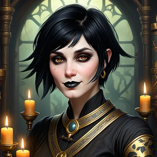 Prompt: Lady Mela Cassalanter of Waterdeep heiress to the Magpie exotic goods shop, pointy nose, sharp cheekbones, sharp nose, sharp facial features, gold eyes, pale white skin, short black pixie hairstyle, hair with bangs, green gothic robes with gold accents, smiling with fanged teeth, age 30, sharp teeth, black claws, dark fantasy shop background, Ethereal, Enchanting, Highly detailed, Soft Lighting, Romantic, art by waterhouse and bouguereau and mucha, fantasy portrait, Digital painting, Artstation, Concept art, Serene, dreamlike