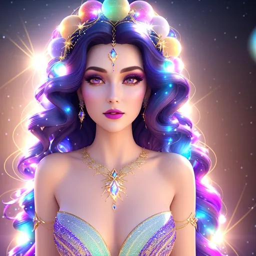 Prompt: Beautiful ethereal girl, ((snow white skin)), magic glowing orbs, ((wearing tight diamantine intricate gown)) ((long bright multi coloured galaxy curly hair)), glowing, trails of light, wisps, soft white skin, slight sparkles, unreal engine 8k octane, 3d lightning, stellar, quartz, gem rain, luminous chest, fantasy