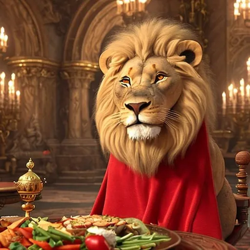 Prompt: delight happy lion from Narnia  with a red king's cape on throne in palace eating veggies
