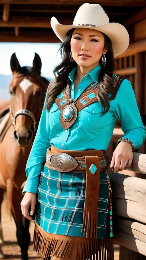 Prompt: Japanese woman in southwestern attire, detailed face, turquoise jewelry, horse corral, high-res photo, detailed clothing, warm tones, professional lighting, American southwestern setting, intricate diamond face, fringe details, Stetson hat, suede boots, suede pencil skirt, checked shirt, turquoise belt buckle, horse corral scene, professional photography, natural daylight