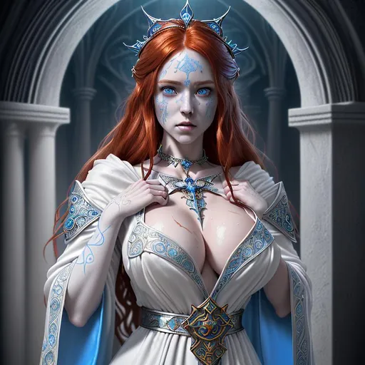 Prompt: Create a fantasy style ultra Intricate detailed biblical style "dream world". Focused on an hyper cute young slender female redhead princess bride, piercing blue eyes, healthy skin, ample cleavage, wearing an iron slave collar, wearing white silk apostates robe, 

Professional Photo Realistic Image, RAW, artstation, splash style dark fractal paint, contour, hyper detailed, intricately detailed, unreal engine, fantastical, intricate detail, steam screen, complementary colors, fantasy concept art, 8k resolution, deviantart masterpiece, splash arts, ultra details Ultra realistic, hi res, UHD, 64k, 2D art rendering, shallow depth of field 4.0, full frame sensor, ISO 15000, low flash, ultra highlights, hyper shadows,