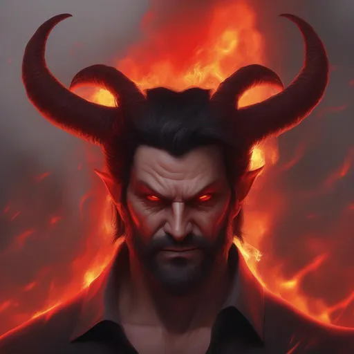 Prompt: mature male, facial hair, realistic, black hair, grey skin, red demon eyes, bright red horns, fire background, hell, souls in background, warm colors,  power, high definition, professional