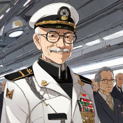 Prompt: An old emale scifi space navy officer. He is an old man. He is bald and have glasses. He is friendly. He wears a scifi black uniform with golden grades. he stands on the bridge of a spaceship, while soldiers works in the background.  anime art. Aniplex art. 2d art. 2d. well draw face. detailed.