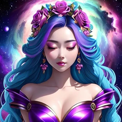 Prompt: Cosmic Epic Beautiful Nebula (Beautiful melancholy {goddess}female liquid satin}, Beautiful and Gorgeous, purple and pink roses in hair