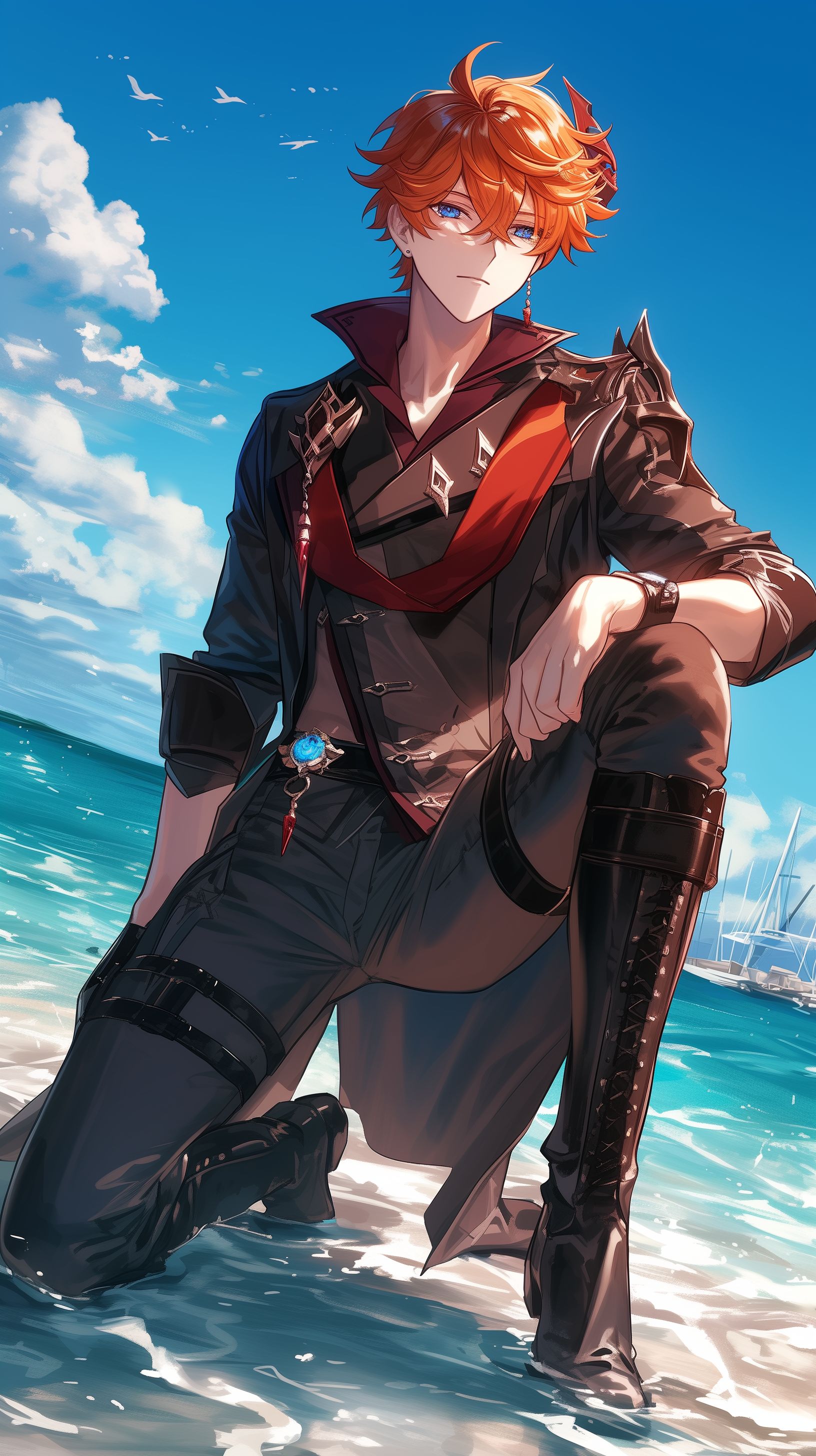 Prompt: Tartaglia from genshin impact, large ocean blue eyes, Short messy orange hair falling between his eyes, single red gem earing (right side), tall muscular skinny male, wearing a dark black trench coat open, tight leather pants and tight crimson red dress shirt, black leather harness, form fitting, open top button on shirt, Knee high black buckled boots, handsome, alluring, tempting eyes, kneeling at beach background --ar 9:16 --niji 6