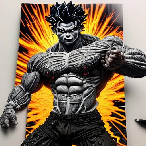 Prompt: 64K masterpiece intricate hyperdetailed breathtaking 3D glowing black oil painting medium portrait of Son Goku, black trousers, intricate hyperdetailed muscular body, intricate hyperdetailed muscles, glowing white light reflection on the muscles, hyperdetailed intricate hard standing glowing hair, hyperdetailed glowing angry white eyes, detailed face, white glowing muscles, white glowing body, white glowing skin, semi-polaroid monochrome photography, hyperdetailed complex, character concept, hyperdetailed intricate glowing shining glamorous white water drop floating in the air, very angry, intricate glowing light reflection, intricate hyperdetailed glowing iridescent reflection, strong glowing white light on the hair, contrast white head light, hyperdetailed very strong black shading, very strong black muscle shadow, professional award-winning photography, maximalist photo illustration 64k, resolution High Res intricately detailed, impressionist painting, yellow color splash, illustration, key visual, panoramic, cinematic, masterfully crafted, 8k resolution, stunning, ultra detailed, expressive, hypermaximalist, UHD, HDR, UHD render, 3D render, 64K, hyperdetailed intricate watercolor mix oil painting on the body, Toriyama Akira