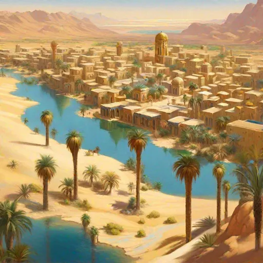 Prompt: A bird fly view of a desert oasis city.The city is on the shores of a little lake, palms grow around, desert in distance.Orientalist art 