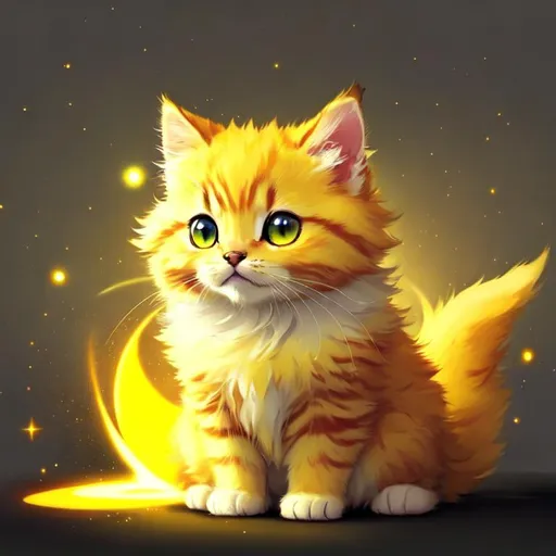 Prompt: Cute, yellow, fluffy, fantasy light kitten, with lighting, yellow eyes, yellow fur, and possessing the element of space and making circles of lighting stripes
 move around in the air in a magical way, in a space background. Perfect features, extremely detailed, realistic. Krenz Cushart + loish +gaston bussiere +craig mullins, j. c. leyendecker +Artgerm.