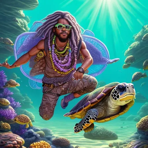 Prompt: Create a highly detailed digital illustration of a turtle expert named Turt Reynolds. He is a light-skinned African American hippie dude with long, colorful dreadlocks and a very peaceful, laidback expression. Turt wears round purple-lensed sunglasses and a puka shell necklace. He is holding a sea turtle hatchling gently in his hands. Turt is standing on a tropical beach under a sunny sky, with the ocean and waves in the background. He is wearing beach shorts, no shirt, and is barefoot in the sand. Turt is smiling and looks super relaxed and happy. Use vivid, saturated colors and make him look fun and friendly with a hip, surfer-dude vibe. Emphasize his expertise with sea turtles. Create this in a vivid, highly detailed digital painting.




