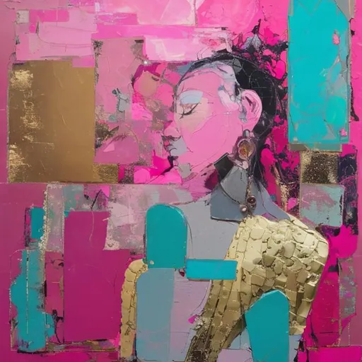 Prompt: Very  Expensive Painting, figure, conceptual, intuitive, Figural, contemporary, mixed media, bright pink, mauve, turqouise, gold
