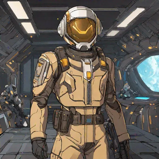 Prompt: From distance. Whole body. Full figure. A Czech male soldier in scifi 20th century combat uniform. He has a scifi adrian helmet with a scifi line visor covering his face. Robot Dark brown uniform. gold details.  In background a space base. Anime art. Rpg. Anime style. Akira art. 2d art. 2d. Well draw face. Detailed. Whole figure. Full body. 