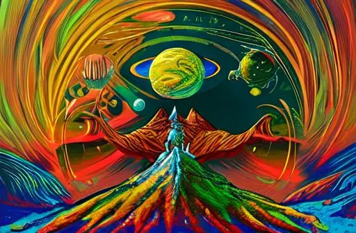 Prompt:  DMT CREATS A DREAM OF ALIENS,ET, INTERSTELLER  SPACE TRAVEL, UFO, MEET YOUR PLANETARY GUID,TRAVELING THROUGH THE  UNIVERSE,CREATURES FROM OTHER PLANETS,OCEANS MADE OF MURCURY,FINDING AGOTS ALL OVER, SNOWBOARDING MOUNTAIN PEAKS ON THR MOONS OF SATURN