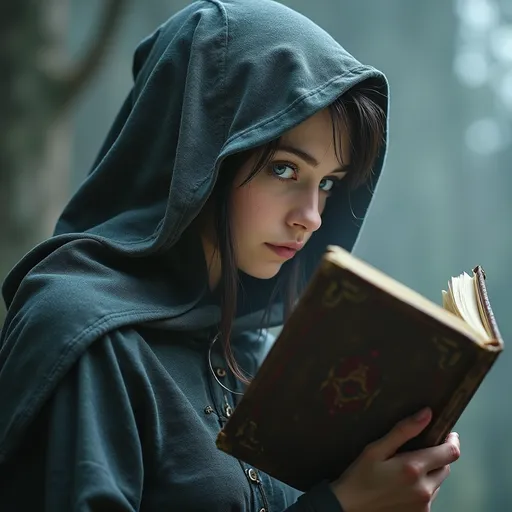 Prompt: side view, a woman in her early 20's with thin close fitting gray hood, blue eyes with (((head turned toward viewer))), reading a book, holding grimoire close to face, peeking over the top of book, grimoire, ((((occult art)))), lost grimoire, gothic fantasy art, gothic art, holy cyborg necromancer girl, beautiful necromancer girl with fanatical expression, gothic art style, priestess of the damned, dark fantasy horror art