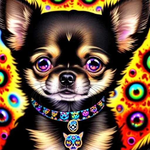 Prompt: Inky Epic Beautiful Liquid (Beautiful playful {Furry!! Sugarskull Chihuahua Dog}Puppy plasma, Beautiful big reflective eyes, long flowing hair), expansive psychedelic background, ultra detailed full body artistic photography, detailed rugged Gorgeous detailed face, shadows, oil on canvas, brush strokes, ultra sharp focus, ominous, matte painting movie poster, golden ratio, epic, intricate, cinematic character render, hyper realistic, 64K --s98500