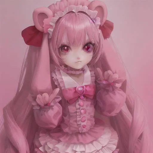 Prompt: gloomy bear as a human, anime girl, cute, pink