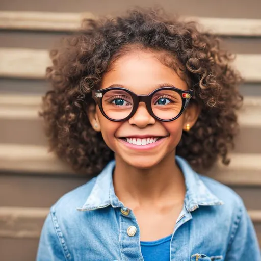 Prompt: african american 8 year old girl. Brown curly hair . Crystal blue eyes. Wearing grey glasses. Smiling face.