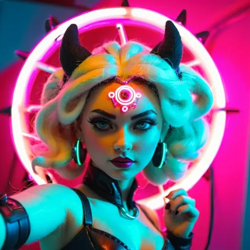 Prompt: a beautiful female demon in a dynamic pose in a retro futuristic synthwave cyberpunk neon paradise.  neon lighting, high quality, beautiful, synthwave, cyber, retro, futuristic