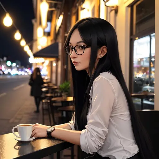 Prompt: woman, neat clothes, long black hair, waiting for someone, cafe, wearing a watch, night, wearing glasses