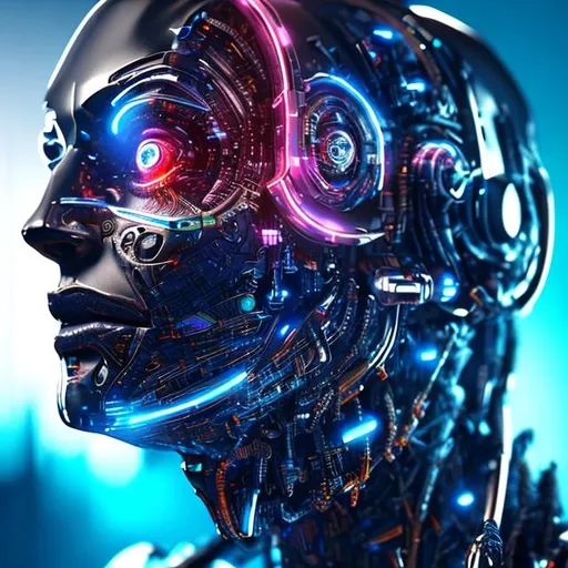Prompt: Future cyborg , Ultra realistic, with Lights and colorful background 