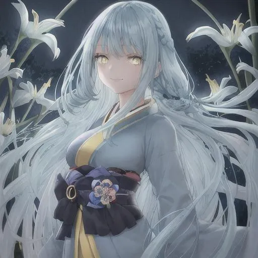 Prompt: Beautiful girl with long light blue hair in a braid. She has light yellow eyes smiling cutely. Wearing a completely dark blue kimono. At night. Her eyes glow. She is in a field of light yellow lilies.