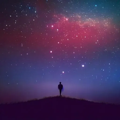 Prompt: man in his thoughts with stars sky in the background