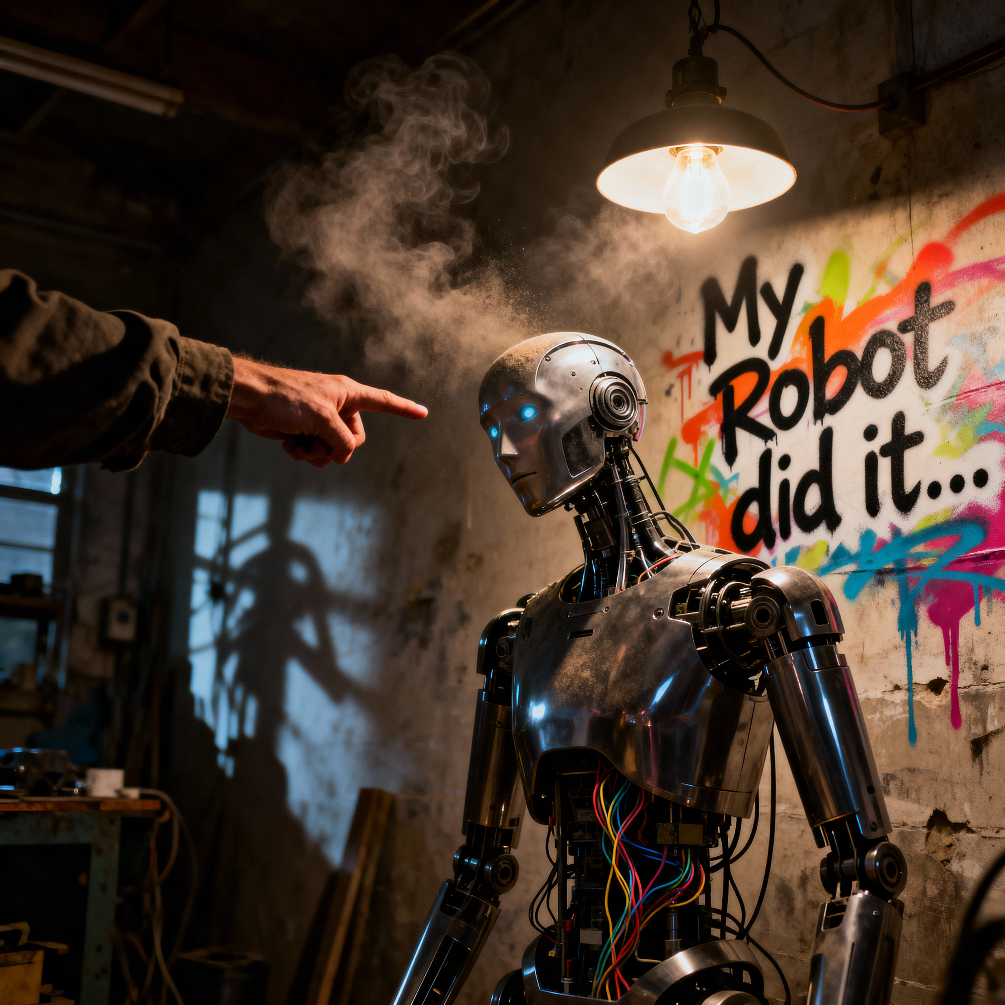 A hand pointing a finger at a robot with the fraise:...