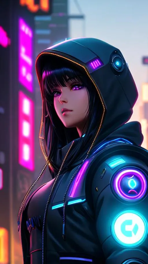 Prompt: Quality, 8k, detailed, cyberpunk, anime, hood, beautiful, face, neon backlight, Robot