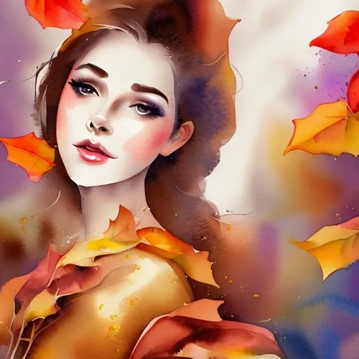 Prompt: Watercolor Autumn elegant lady with pretty face