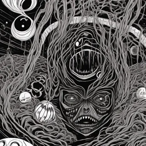 Prompt: Dark space void filled with dread in the style of Junji Ito