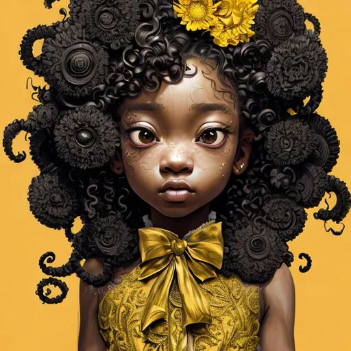 Prompt: Artwork by Daisuke Hagiwara of a black girl, curly long hair, flowers in hair, soft yellow and black dress with ruffle and bow details, light black eyes, upturned mouth, hyper detailed and intricate, ornate, (sharp focus:1.2),smooth facial, eyes, nose, hand features, vivid, vibrant, 8K 3D, (UHD:1.2), 8k resolution, character design, CloverWorks, (rendered by real engine 5)