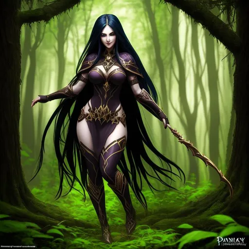 Prompt: ((dark elf woman)), fantasy, long hair, pale skin, grin, forest, lush trees, symmetrically colored hair, ((full body)) {{good looking}} {{cute}} {{good body}} {{tight}}, {{shadows}},