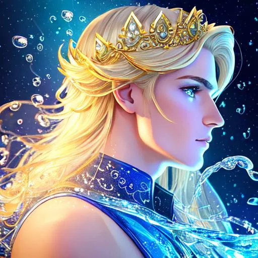 Prompt: portrait Aquarius tarot, profile view, blonde haired(male), sapphire eyes, short hair, (male), sparkles, 3D lightning, water waves, bubbles, dolphin, fish, tarot card (custom), (filigree head decoration), golden halo, 4K, 8K, wide angle, profile view, hyper-realistic, extremely detailed, 1080p quality, picture quality