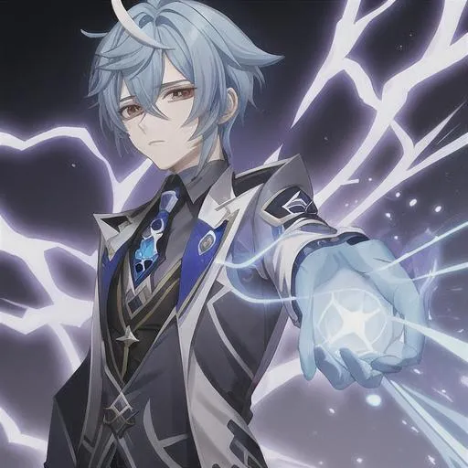 Prompt: A cute insane calm powerful 
Teenage male archon, blue hair with elegant clothes, genshin impact