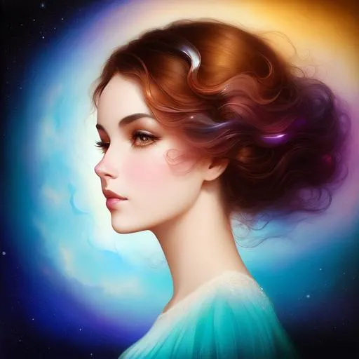 Prompt: cosmic Light Brown Beauty. Art by artgerm, edre penovac, Daniel Merriam, catrin Welz-Stein, Nicoletta ceccoli, James Jean. Gradient chrome colours. 3d.