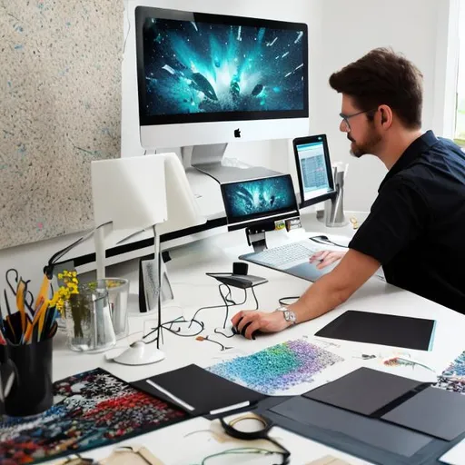 Prompt: Create photo of: 
designer sitting in front of iMac computer editing graphic for carpet design 