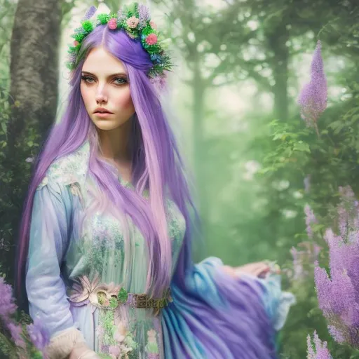 Prompt: girl, portrait, watercolor masterpiece,

realistic illustration of Female fantasy elf druid, in a vintage lavender and light mint green dress, green flowers in her purple hair, in a forest by the moonlight, symmetrical,

hyper realistic masterpiece, highly contrast water color pastel mix, sharp focus, digital painting, pastel mix art, digital art, clean art, professional, contrast color, contrast, colorful, rich deep color, studio lighting, dynamic light, deliberate, concept art, highly contrast light, strong back light, hyper detailed, super detailed, render, CGI winning award, hyper realistic, ultra realistic, UHD, HDR, 64K, RPG, inspired by wlop, UHD render, HDR render